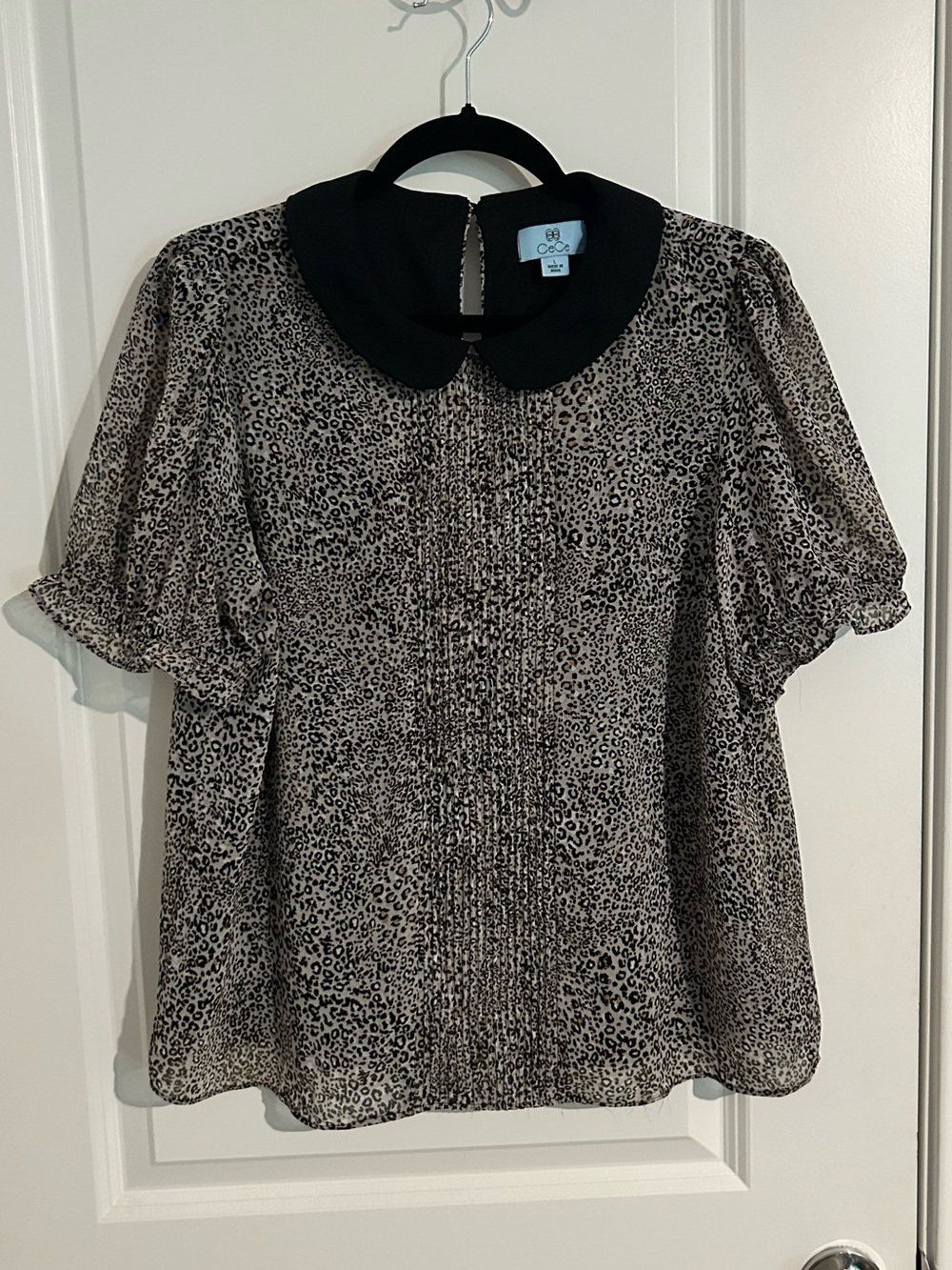 CeCe Taupe and Black Leopard Print Peter Pan Collar Blouse